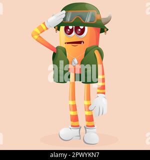 Mignon monstre orange soldat en uniforme vert. Idéal pour les enfants, les petites entreprises ou l'e-commerce, la marchandise et l'autocollant, la promotion de bannière, blog ou vlog Illustration de Vecteur