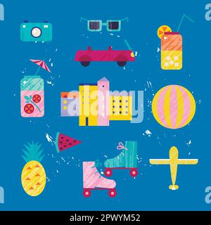 Scénario été coloré illustration, voyage, vacances. Ensemble de ville, ville, objets de plage, isolé sur fond bleu. Rouleaux, pastèque Illustration de Vecteur