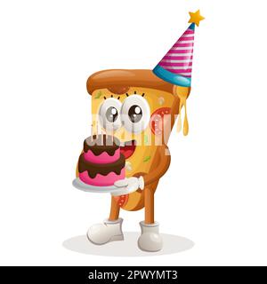 Jolie mascotte à pizza portant un chapeau d'anniversaire, avec un gâteau d'anniversaire. Idéal pour les magasins d'alimentation, les petites entreprises ou le commerce électronique, la marchandise et l'autocollant, la bannière Illustration de Vecteur