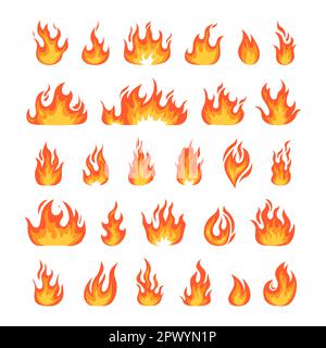 Flamme. Dessin animé feu de joie à chaud, formes de logo rouge et jaune, collection de silhouettes orange rouge, symboles d'énergie ou de chaleur, avertissement inflammable Illustration de Vecteur