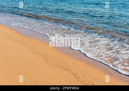 Vue rapprochée sur la plage de sable avec mousse de mer. Banque D'Images