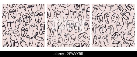 Ensemble vectoriel de motifs sans couture. Visages cubisme dessinés à la main, portraits de femmes et d'hommes arrière-plan artistique, résumé un dessin de doodle ligne Illustration de Vecteur