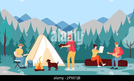 Camping de personnes. Personnage masculin apportant du bois de chauffage au feu de joie, femme chantant et homme jouant de la guitare. Personne buvant du thé chaud et jouant avec le chien. Réfrigérateur Illustration de Vecteur