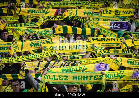 Saint-Denis, France. 29th avril 2023. Supporters de Nantes lors du match de finale de la coupe française entre le FC Nantes et le FC Toulouse au Stade de France sur 29 avril 2023 à Saint-Denis près de Paris, France. (Credit image: © Matthieu Mirville/ZUMA Press Wire) USAGE ÉDITORIAL SEULEMENT! Non destiné À un usage commercial ! Banque D'Images