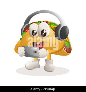 Mignon taco mascotte jouant à jeu mobile, portant des écouteurs. Idéal pour les magasins d'alimentation, les petites entreprises ou le commerce électronique, les marchandises et les autocollants, les bannières promotionnelles Illustration de Vecteur