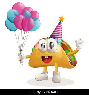 Jolie mascotte taco portant un chapeau d'anniversaire, tenant des ballons. Idéal pour les magasins d'alimentation, les petites entreprises ou le commerce électronique, les marchandises et les autocollants, les bannières promotionnelles Illustration de Vecteur