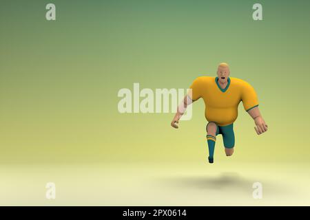 Un athlète portant une chemise jaune et un pantalon vert saute. 3d rendu du personnage de dessin animé en action. Banque D'Images