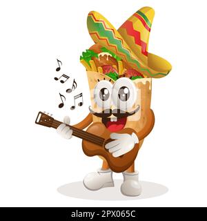 Jolie mascotte burrito portant un chapeau mexicain avec guitare. Idéal pour les magasins d'alimentation, les petites entreprises ou le commerce électronique, la marchandise et l'autocollant, Banner pro Illustration de Vecteur