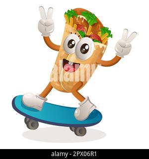 Adorable mascotte burrito jouant à la planche à roulettes, à la planche à roulettes. Idéal pour les magasins d'alimentation, les petites entreprises ou le commerce électronique, la marchandise et l'autocollant, la promotion de bannière Illustration de Vecteur