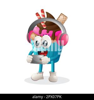 Mignon cupcake mascotte jouer mobile jeu, portant des écouteurs. Idéal pour les magasins d'alimentation, les petites entreprises ou le commerce électronique, la marchandise et l'autocollant, Banner pro Illustration de Vecteur