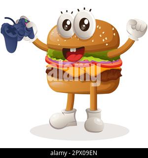 Adorable hamburger mascotte de jeu de jeux vidéo avec manette de maintien. Dessin de personnage de mascotte de dessin animé de Burger. Délicieux repas avec fromage, légumes et Illustration de Vecteur