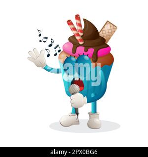 Mascotte cupcake mignonne chantant, chantant une chanson. Idéal pour les magasins d'alimentation, les petites entreprises ou le commerce électronique, la marchandise et l'autocollant, la promotion des bannières, l'examen des aliments Illustration de Vecteur