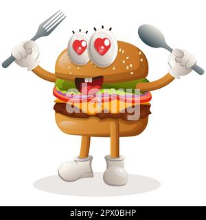 Adorable hamburger mascotte contenant une cuillère et une fourchette. Dessin de personnage de mascotte de dessin animé de Burger. Délicieux repas avec fromage, légumes et viande. Jolie mascotte Illustration de Vecteur