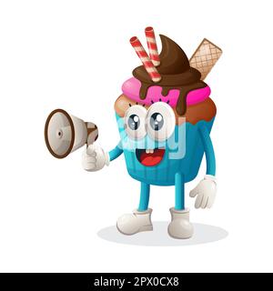 Adorable mascotte de cupcake tenant le mégaphone. Idéal pour les magasins d'alimentation, les petites entreprises ou le commerce électronique, la marchandise et l'autocollant, la promotion des bannières, l'évaluation des aliments bl Illustration de Vecteur