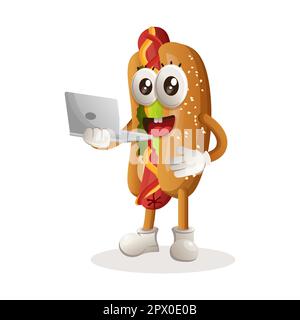 Adorable mascotte de hot dog travaillant à l'aide d'un ordinateur portable. Idéal pour les magasins d'alimentation, les petites entreprises ou le commerce électronique, la marchandise et l'autocollant, la promotion de bannière, la restauration Illustration de Vecteur