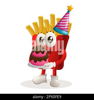 Adorable mascotte de frites portant un chapeau d'anniversaire, contenant un gâteau d'anniversaire. Idéal pour les magasins d'alimentation, les petites entreprises ou le commerce électronique, les marchandises et les autocollants, Illustration de Vecteur