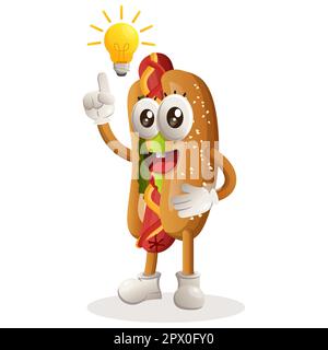 La mascotte de hot dog mignonne a une idée, une idée d'ampoule, une inspiration. Idéal pour les magasins d'alimentation, les petites entreprises ou le commerce électronique, la marchandise et l'autocollant, la promotion de bannière Illustration de Vecteur