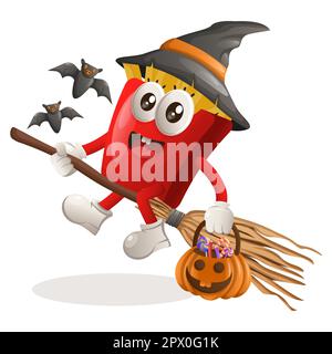 Jolie sorcière mascotte frites avec potiron d'halloween avec bonbons dessus. Idéal pour les magasins d'alimentation, les petites entreprises ou le commerce électronique, les marchandises et Illustration de Vecteur