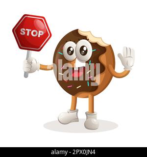 Adorable mascotte de beignet tenant le panneau stop, le panneau de rue, le panneau de route. Idéal pour les magasins d'alimentation, les petites entreprises ou le commerce électronique, la marchandise et l'autocollant, Banner pro Illustration de Vecteur