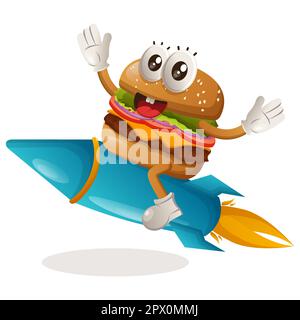 Mignonne hamburger volant sur une fusée. Idéal pour les magasins d'alimentation, les petites entreprises ou le commerce électronique, les marchandises et les autocollants, la promotion de bannière, le blog de revue de nourriture ou vlo Illustration de Vecteur