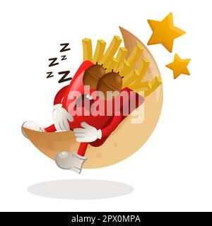 Mignonne de mascotte frites dormant, dormant sur la lune. Idéal pour les magasins d'alimentation, les petites entreprises ou le commerce électronique, les marchandises et les autocollants, les bannières promotionnelles Illustration de Vecteur