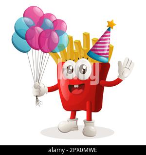 Adorable mascotte de frites portant un chapeau d'anniversaire, tenant des ballons. Idéal pour les magasins d'alimentation, les petites entreprises ou le commerce électronique, la marchandise et l'autocollant, bann Illustration de Vecteur