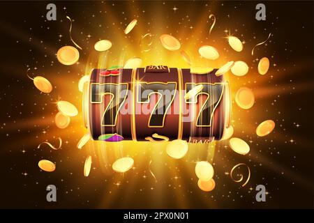 Jackpot du Casino. Un nombre de 777 chanceux. Gagner de l'argent. Machine à sous rotative. Pièces d'or. 3D bingo ou mise. Éléments chance de fortune. Jouer à la partie pari. Illustration de Vecteur