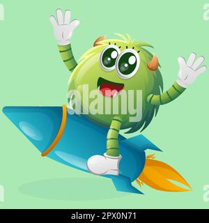 Monstre vert mignon volant sur la fusée. Idéal pour les enfants, les petites entreprises ou le commerce électronique, les marchandises et les autocollants, la promotion de bannière, le blog ou le canal vlog Illustration de Vecteur
