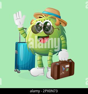 Mignon monstre vert en vacances avec une valise. Idéal pour les enfants, les petites entreprises ou l'e-commerce, la marchandise et l'autocollant, la promotion de bannière, blog ou Illustration de Vecteur
