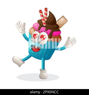 Adorable mascotte cupcake ludique et heureuse. Idéal pour les magasins d'alimentation, les petites entreprises ou le commerce électronique, la marchandise et l'autocollant, la promotion des bannières, l'évaluation des aliments bl Illustration de Vecteur