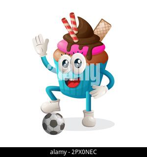 Mascotte cupcake mignon jouer au football, ballon de football. Idéal pour les magasins d'alimentation, les petites entreprises ou le commerce électronique, la marchandise et l'autocollant, la promotion de bannière, la nourriture Illustration de Vecteur