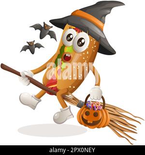 Jolie sorcière de mascotte de hot dog avec la potiron d'halloween avec des bonbons dessus. Idéal pour les magasins d'alimentation, les petites entreprises ou le commerce électronique, la marchandise et l'sticke Illustration de Vecteur
