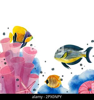 Composition sur le thème marin. Corail rose vif avec poissons tropicaux aux couleurs vives, oursin et étoiles et gouttes bleues sur fond blanc. Banque D'Images