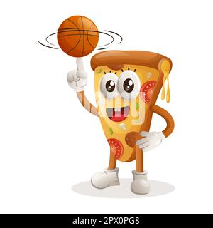 Adorable pizza mascotte jouant au basket-ball, freestyle avec balle. Idéal pour les magasins d'alimentation, les petites entreprises ou le commerce électronique, les marchandises et les autocollants, les bannières promotionnelles Illustration de Vecteur