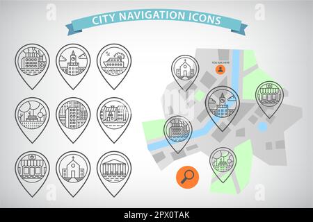 Ensemble vectoriel d'icônes fines. Icônes de ligne simple Moder. Icônes de ville de bâtiments ultra-fins Illustration de Vecteur