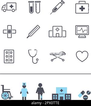 Ensemble de vecteurs de la ligne moderne médecine icônes, hôpital, infirmière, signes de maladie. Utilisation pour les infographies, le Web, les brochures, les affiches Illustration de Vecteur