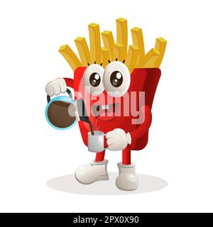 Mascotte de frites mignonne pour boire du café, du café. Idéal pour les magasins d'alimentation, les petites entreprises ou le commerce électronique, la marchandise et l'autocollant, la promotion de bannière Illustration de Vecteur