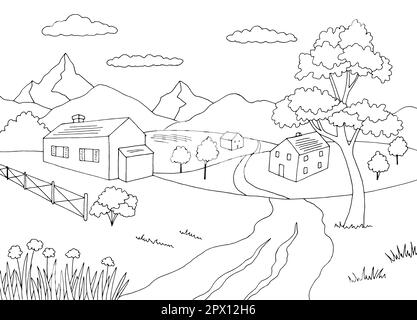 Village coloriage graphique noir blanc rural paysage dessin illustration vecteur Illustration de Vecteur