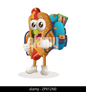Jolie mascotte de hot-dog portant un sac d'école, un sac à dos, de retour à l'école. Idéal pour les magasins d'alimentation, les petites entreprises ou le commerce électronique, la marchandise et l'autocollant, bann Illustration de Vecteur