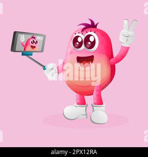 Un joli monstre rose prend un selfie avec un smartphone. Idéal pour les enfants, les petites entreprises ou le commerce électronique, la marchandise et l'autocollant, la promotion de bannière, blog ou v Illustration de Vecteur