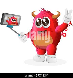 Un joli monstre rouge prend un selfie avec un smartphone. Idéal pour les enfants, les petites entreprises ou le commerce électronique, la marchandise et l'autocollant, la promotion de bannière, le blog ou vl Illustration de Vecteur