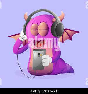 Mignon monstre violet écoutant de la musique sur un smartphone à l'aide d'un casque. Idéal pour les enfants, les petites entreprises ou le commerce électronique, la marchandise et l'autocollant, la bannière Illustration de Vecteur