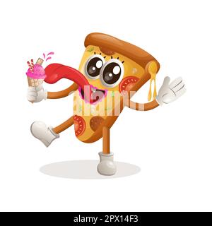 La mascotte de pizza mignonne mange de la crème glacée, du cône de crème glacée. Idéal pour les magasins d'alimentation, les petites entreprises ou le commerce électronique, la marchandise et l'autocollant, la promotion de bannière, la nourriture Illustration de Vecteur
