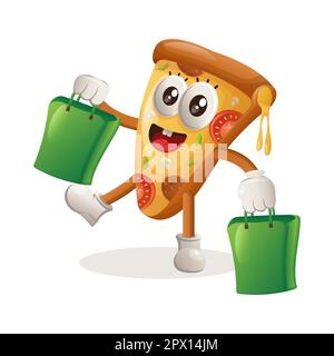 Mignonne pizza mascotte faire du shopping. Idéal pour les magasins d'alimentation, les petites entreprises ou le commerce électronique, les marchandises et les autocollants, la promotion de bannière, le blog de revue de nourriture ou Illustration de Vecteur