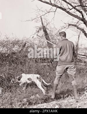 1930S HOMME UPLAND JEU OISEAU HUNTER PORTANT UN FUSIL DE CHASSE À DOUBLE CANON AVEC UN CHIEN POINTEUR ANGLAIS SUR LE POINT POUR L'OISEAU DANS LA RANGÉE DE CLÔTURE - G1423 HAR001 HARS PERSONNES PLEINE LONGUEUR HOMMES HUNTER CONFIANCE ANGLAIS B&W CHASSE POINTEUR MAMMIFÈRES AVENTURE DÉCOUVERTE LOISIR ET CANINES EXCITATION RÉCRÉATION AUTOMNE SAISON DANS OCCASION POOCH ÉLÉGANT CUIR VESTE UPLAND CANINE ENGLISH POINTEUR ARMES À FEU CHASSEURS JODHPURS MAMMIFÈRE ADULTE MOYEN-ADULTE MOYEN-ADULTE HOMME AUTOMNAL NOIR ET BLANC CAUCASIEN ORIGINE ETHNIQUE DOUBLE BARIL AUTOMNE FEUILLAGE HAR001 ANCIEN MODE SUR LE POINT Banque D'Images