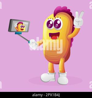 Un joli monstre jaune prend un selfie avec un smartphone. Idéal pour les enfants, les petites entreprises ou l'e-commerce, la marchandise et l'autocollant, la promotion de bannière, blog ou Illustration de Vecteur