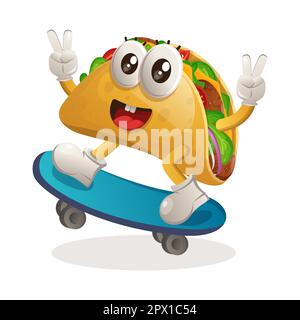 Adorable mascotte taco jouant à la planche à roulettes, au skateboard. Idéal pour les magasins d'alimentation, les petites entreprises ou le commerce électronique, la marchandise et l'autocollant, la promotion de bannière, f Illustration de Vecteur