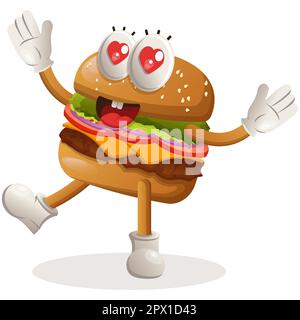 Adorable motif hamburger mascotte amusant et heureux. Dessin de personnage de mascotte de dessin animé de Burger. Délicieux repas avec fromage, légumes et viande. Jolie mascotte vect Illustration de Vecteur