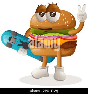 Adorable motif hamburger mascotte portant une planche à roulettes. Dessin de personnage de mascotte de dessin animé de Burger. Délicieux repas avec fromage, légumes et viande. Jolie mascotte Illustration de Vecteur