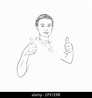 Dessin d'une jeune femme montrant un mouvement de pouce vers le haut avec les deux mains, illustration linéaire vectorielle dessinée à la main Illustration de Vecteur